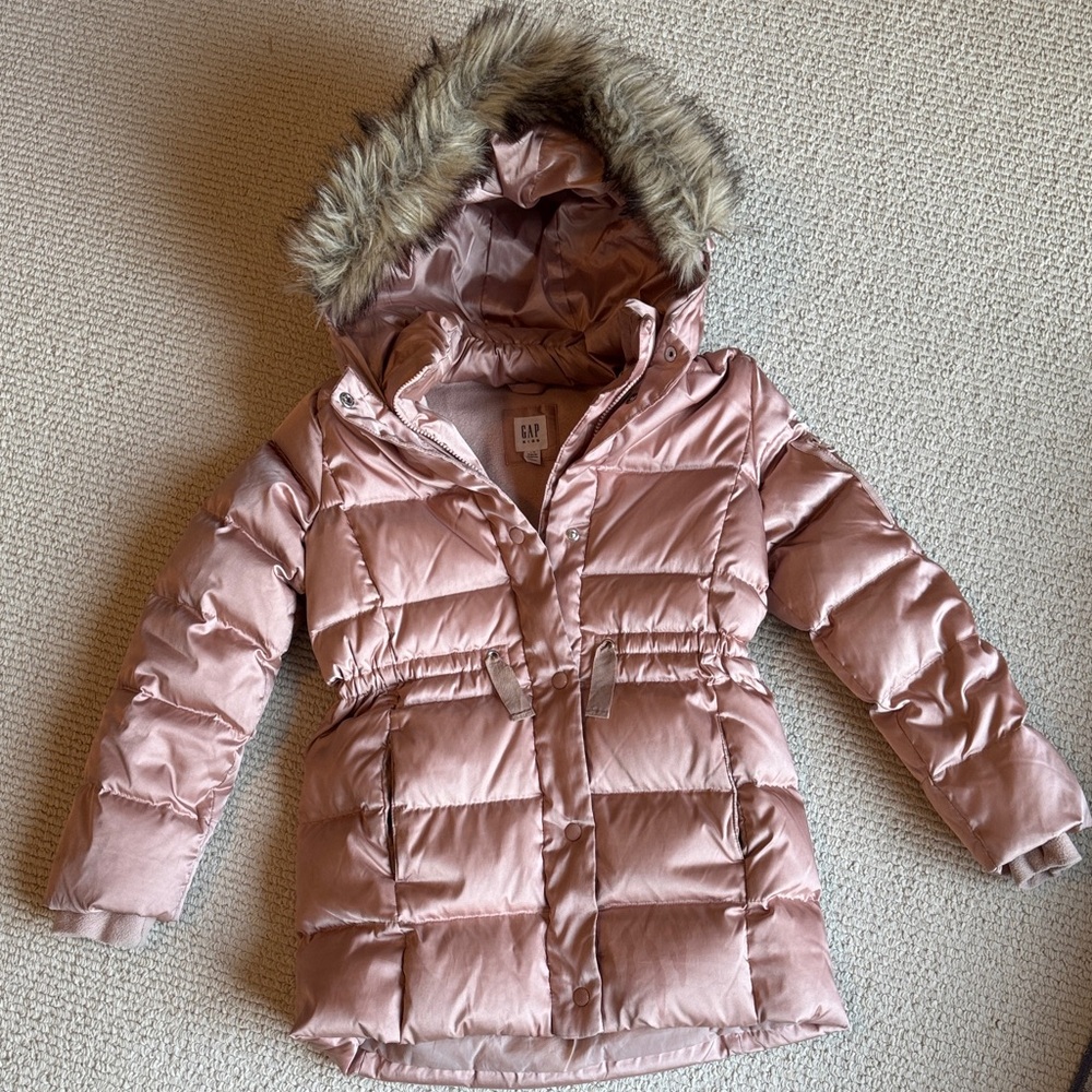GAP Rose Gold Pink Puffer Coat with Removable Faux Fur Trim